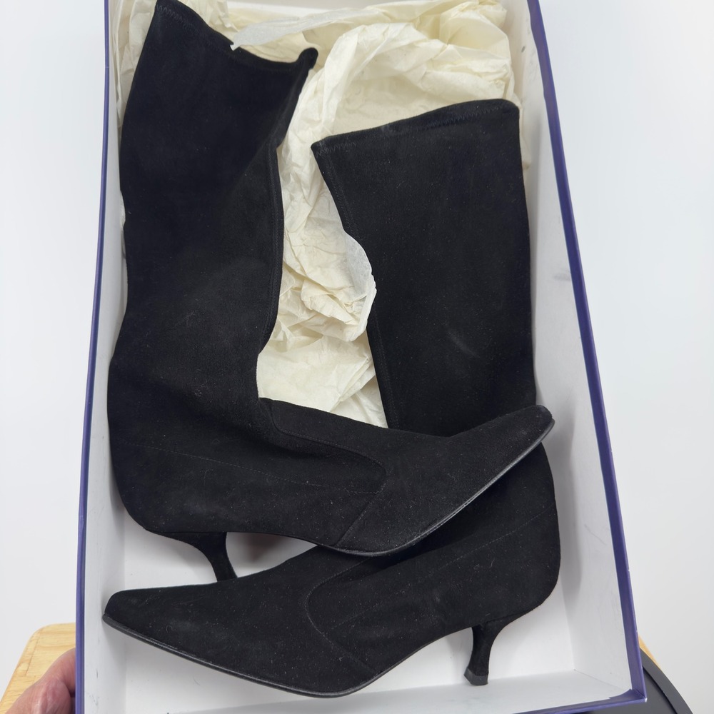 Stuart Weitzman Straightaway Black Stretch Suede Kitten Heel Boots Size 9 In Box